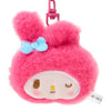 Twinkle Glory Sanrio My Melody fluffy pink plush key ring with a blue bow and secure metal clasp