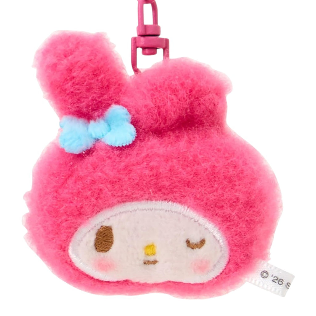 Twinkle Glory Sanrio My Melody fluffy pink plush key ring with a blue bow and secure metal clasp