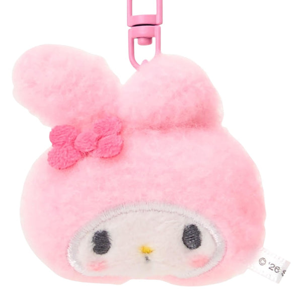 Twinkle Glory Sanrio My Melody plush key ring featuring a soft pink polyester mascot with a matching pink clip.