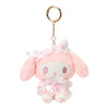 Twinkle Glory My Melody plush mascot with pink floral dress, white ribbons, and gold carabiner keychain