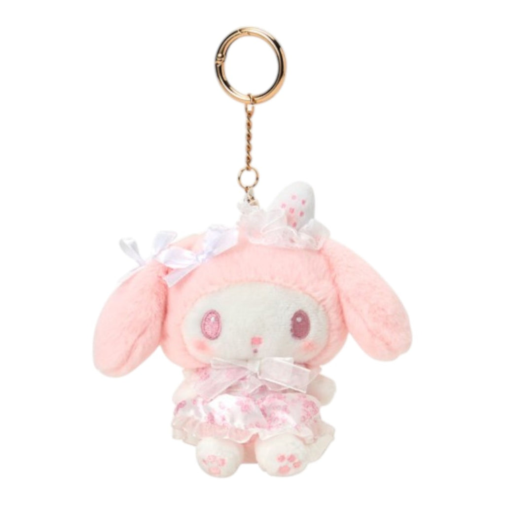 Twinkle Glory My Melody plush mascot with pink floral dress, white ribbons, and gold carabiner keychain
