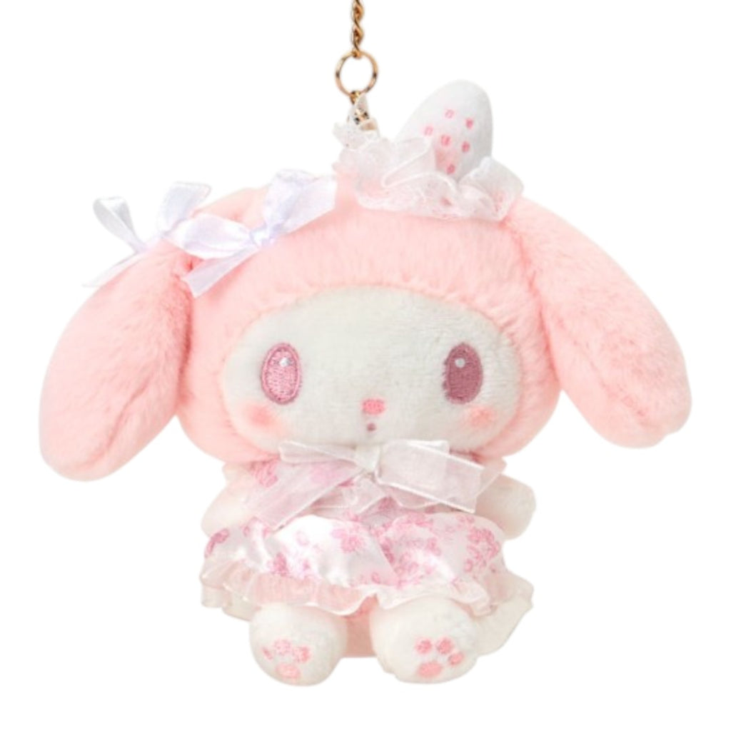 Twinkle Glory My Melody plush mascot featuring a pink hood, floral dress, and white ribbon, with a gold carabiner.