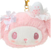 Twinkle Glory My Melody plush pass case in soft pink with white strawberry detail and ribbon bows