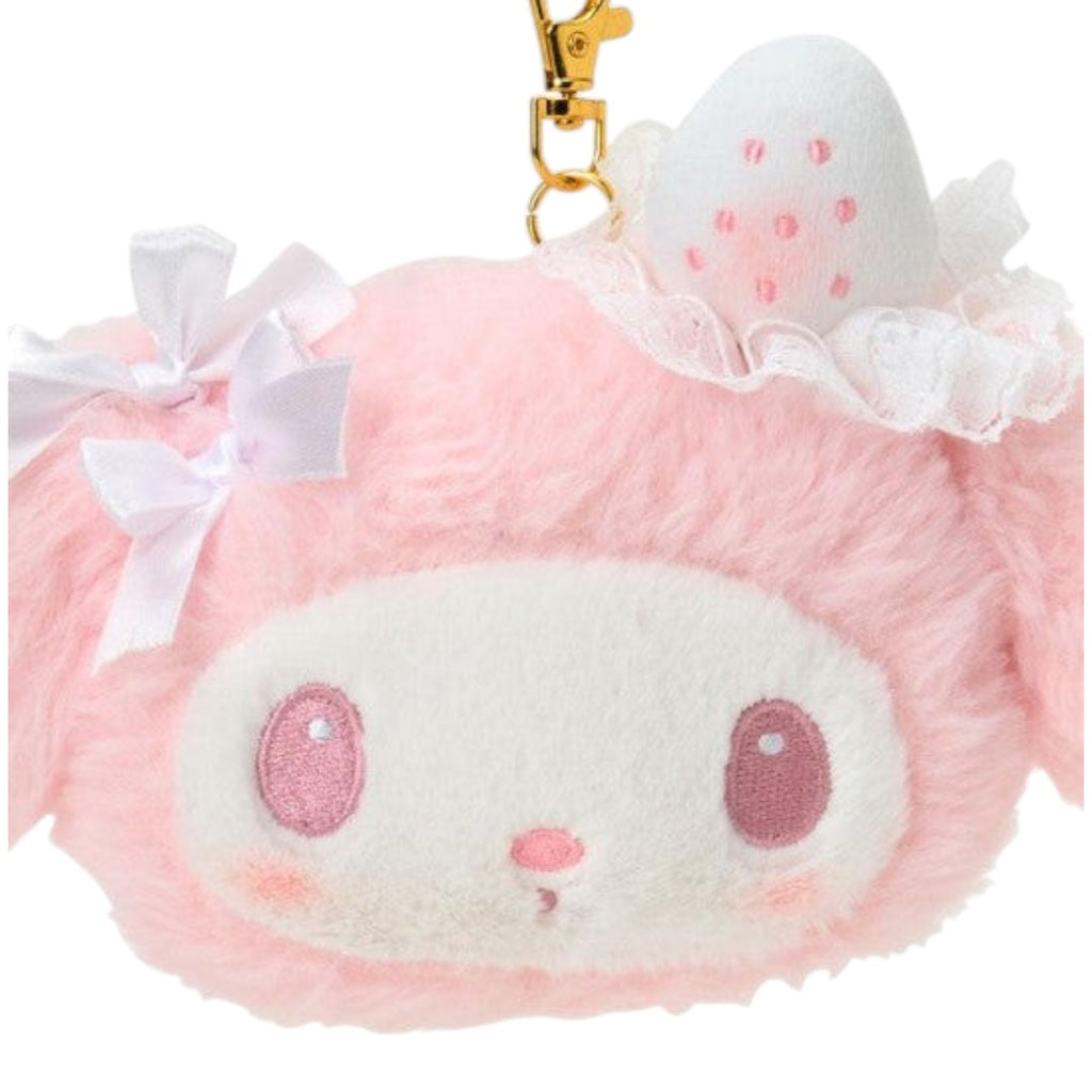 Twinkle Glory My Melody plush pass case in soft pink with white strawberry detail and ribbon bows