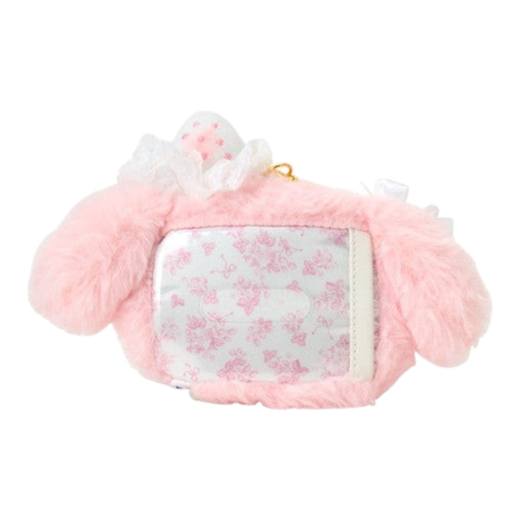 Twinkle Glory My Melody plush pass case in pink with a clear card slot featuring a white strawberry floral pattern