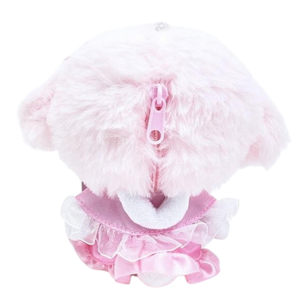 Twinkle Glory My Melody fluffy pink cape pouch keychain with a soft plush texture and secure zipper closure