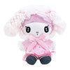 Twinkle Glory My Melody plush cape pouch keychain in soft pink polyester with ruffled lace and ribbon details.