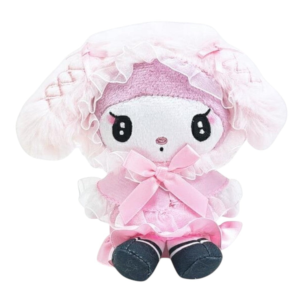 Twinkle Glory My Melody plush cape pouch keychain in soft pink polyester with ruffled lace and ribbon details.