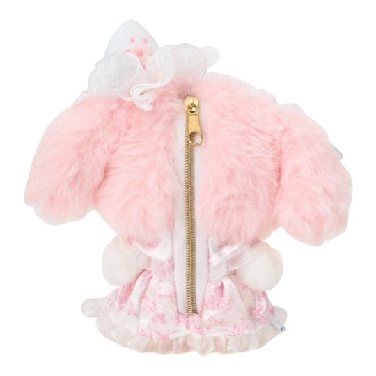 Twinkle Glory My Melody plush pouch in pink with a strawberry print dress and back zipper closure