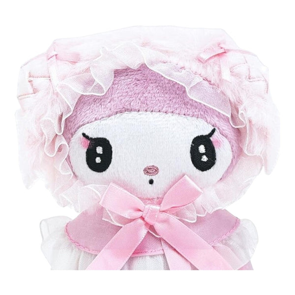 Twinkle Glory My Melody plush cape pouch keychain with pink frills and a soft polyester finish