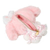 Twinkle Glory My Melody plush pouch in pink soft polyester with a white lace bow and open zippered compartment