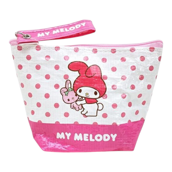 Twinkle Glory Sanrio My Melody pink and white polka dot polyethylene pouch with a matching zipper pull