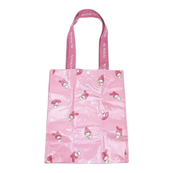 Twinkle Glory pink polyester reusable bag featuring a repeating My Melody character pattern and branded straps.