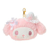 Twinkle Glory My Melody plush pass case in soft pink with a strawberry accent, white bows, and a gold keychain clip.