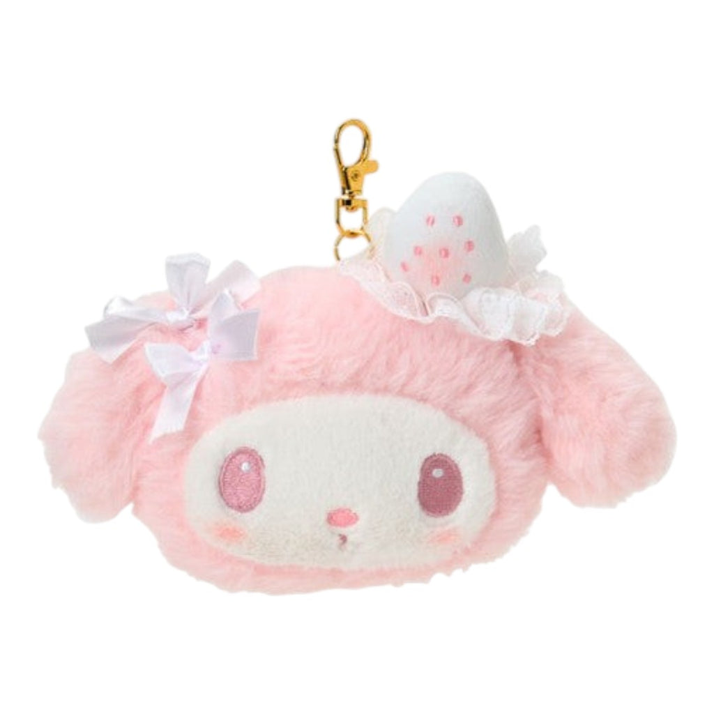 Twinkle Glory My Melody plush pass case in soft pink with a strawberry accent, white bows, and a gold keychain clip.