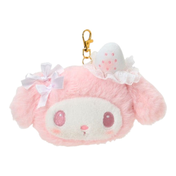 Twinkle Glory My Melody plush pass case in soft pink with a strawberry accent, white bows, and a gold keychain clip.