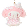 Twinkle Glory My Melody plush pouch in white and pink with strawberry accents, lace details, and a gold carabiner.