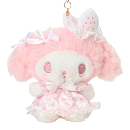 Twinkle Glory My Melody plush pouch in white and pink with strawberry accents, lace details, and a gold carabiner.