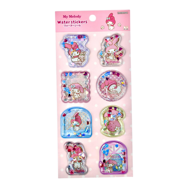 Twinkle Glory Sanrio My Melody water sticker sheet featuring pink and blue liquid-filled capsules with floating glitter