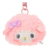 Twinkle Glory Sanrio My Sweet Piano fluffy pink plush key ring with a purple bow and secure metal clasp.