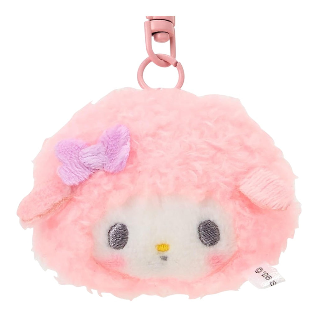 Twinkle Glory Sanrio My Sweet Piano fluffy pink plush key ring with a purple bow and secure metal clasp.