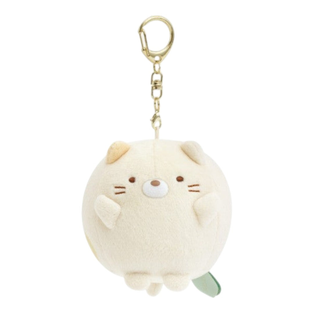 Twinkle Glory San-X Sumikko Gurashi Neko round plush keychain in soft cream polyester with a gold metal clasp