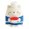 Twinkle Glory San-X Sumikko Gurashi Neko cat plush dressed as a sushi chef in a blue outfit holding red nigiri sushi