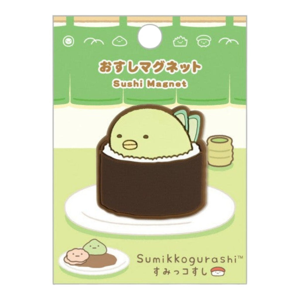 Twinkle Glory San-X Sumikko Gurashi Penguin? rubber magnet featuring the character as sushi on a display card