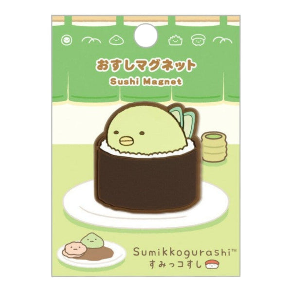 Twinkle Glory San-X Sumikko Gurashi Penguin? rubber magnet featuring the character as sushi on a display card
