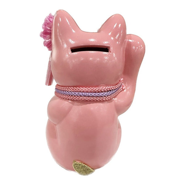 Twinkle Glory Goenneko pink ceramic lucky cat figurine back view with purple cord and floral detail