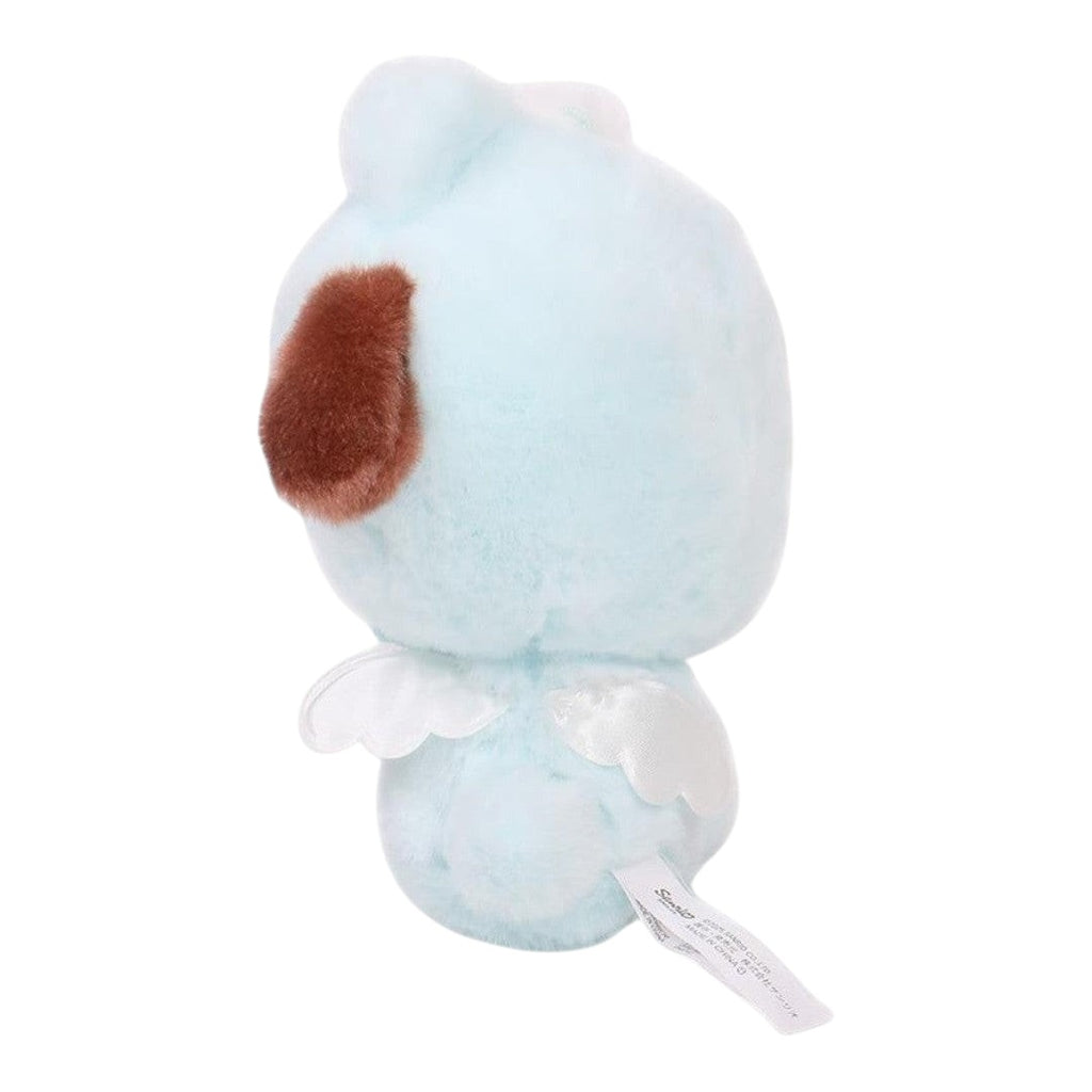 Twinkle Glory Sanrio Pochacco plush mascot keychain in an angel bear costume, back view showing white wings