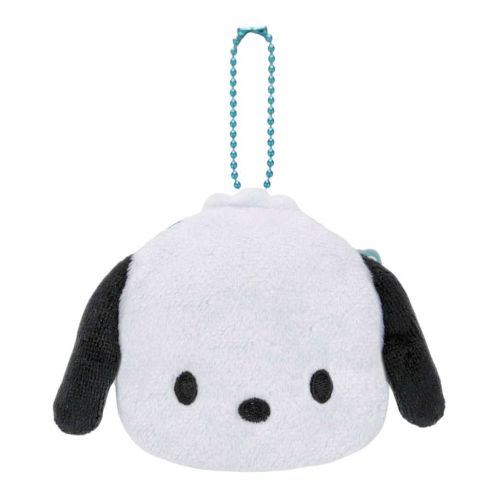 Twinkle Glory Pochacco plush mini coin case with a blue ball chain, featuring soft white and black polyester fabric.