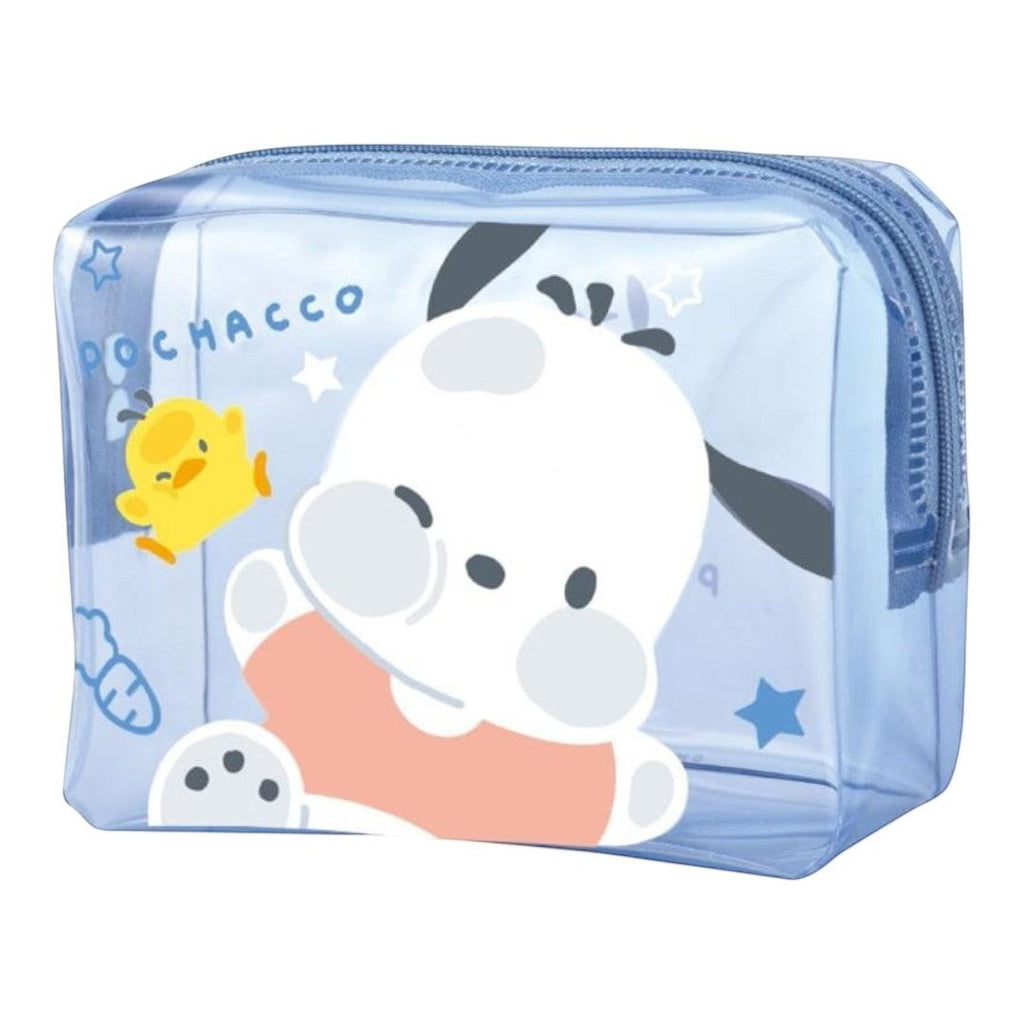 Twinkle Glory transparent blue PVC toiletry bag featuring Pochacco character artwork and a zip closure