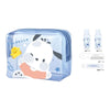Twinkle Glory Sanrio Pochacco travel toiletry set featuring a clear blue PVC case with bottles, comb, and toothbrush.