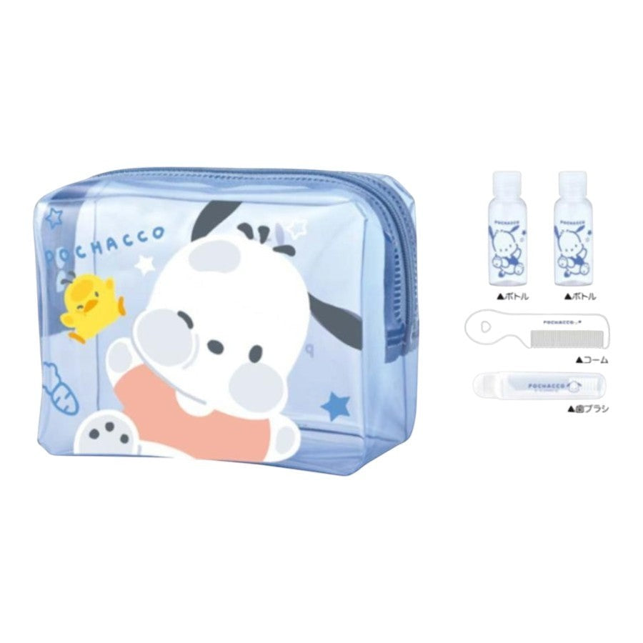 Twinkle Glory Sanrio Pochacco travel toiletry set featuring a clear blue PVC case with bottles, comb, and toothbrush.