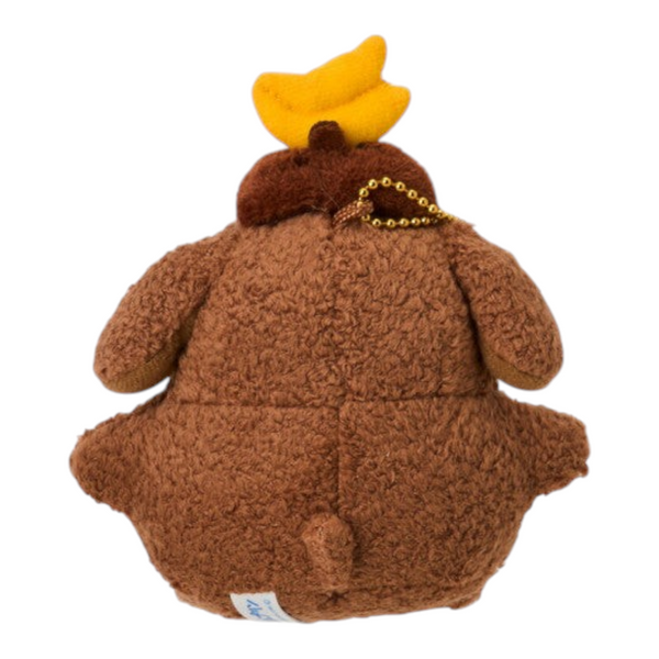 Twinkle Glory Pompompurin plush charm back view featuring brown textured polyester fabric and a yellow beret.