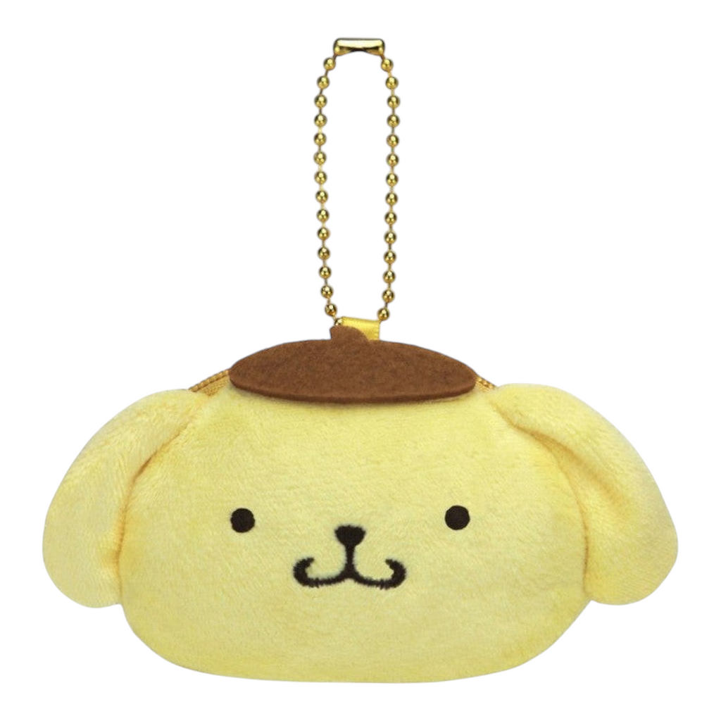 Twinkle Glory Pompompurin plush mini coin case with a gold ball chain for Sanrio fans