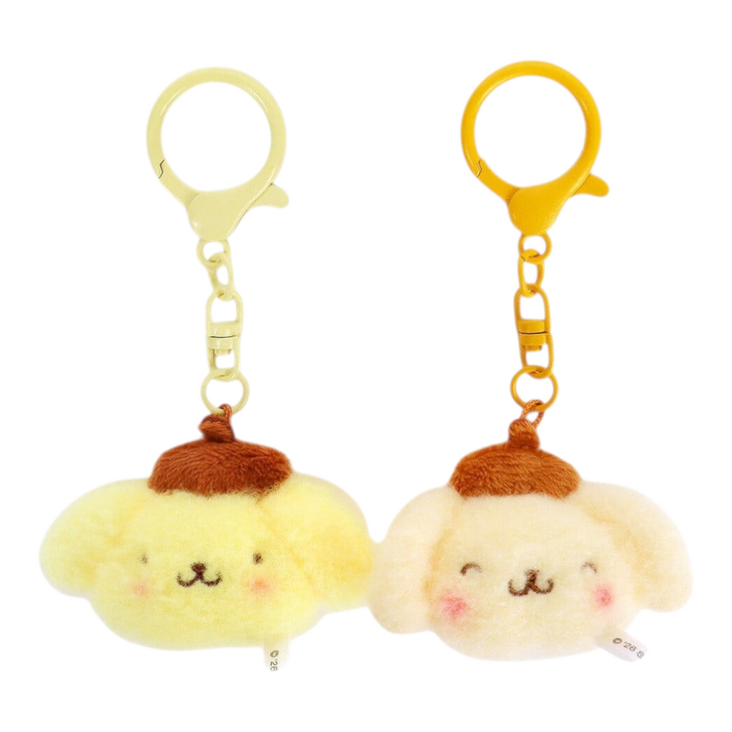 Twinkle Glory Sanrio Pompompurin fluffy plush key ring pair with yellow and cream polyester mascot charms