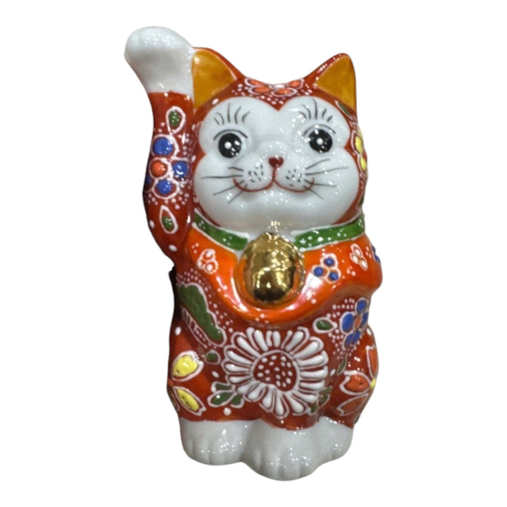 Twinkle Glory red Kutani porcelain lucky cat figurine with traditional floral patterns and a raised paw