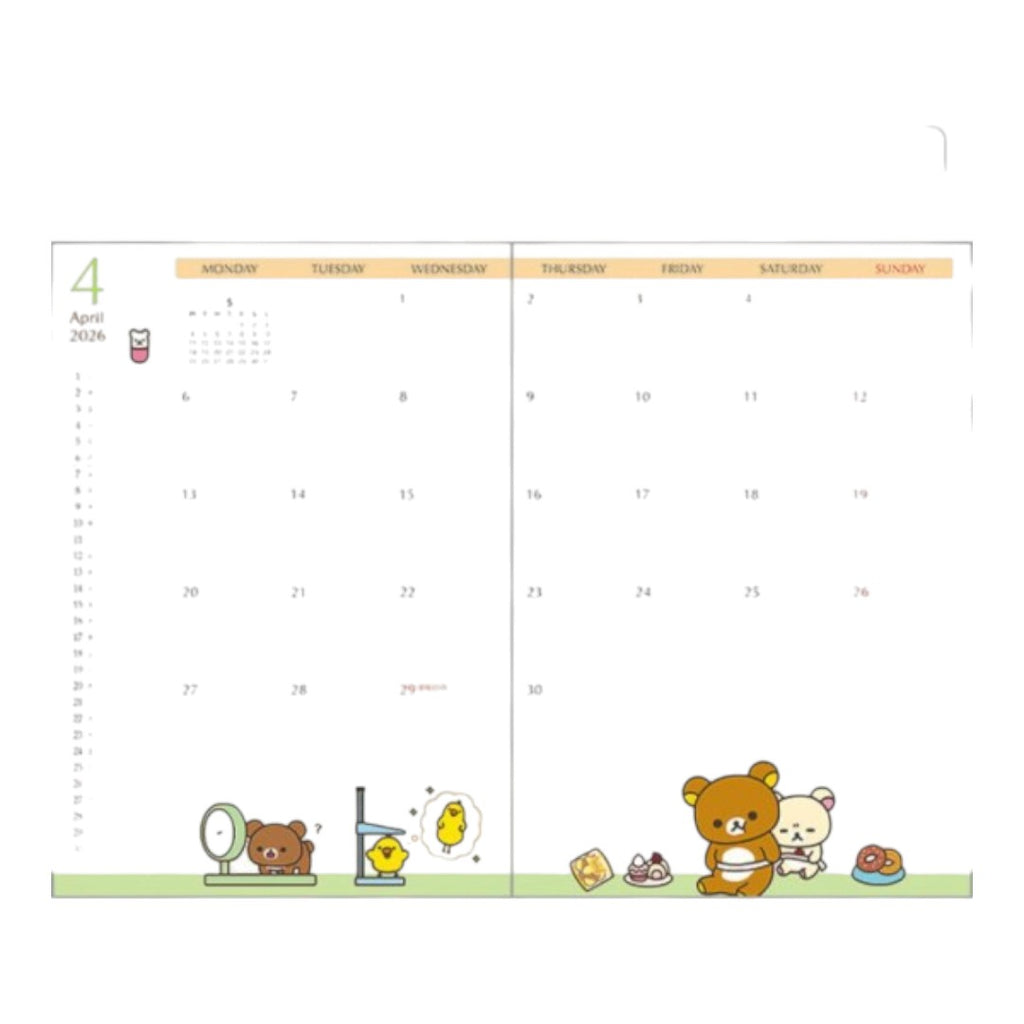 Twinkle Glory San-X Rilakkuma 2026 B6 monthly planner diary open to April with cute character illustrations