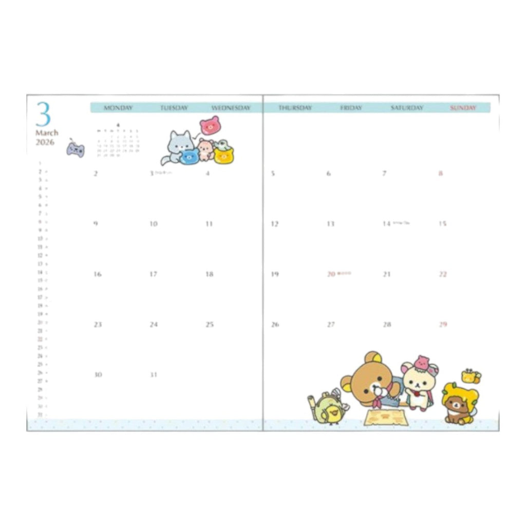 Twinkle Glory San-X Rilakkuma Always Together 2026 B6 monthly planner diary open to March page with cute illustrations