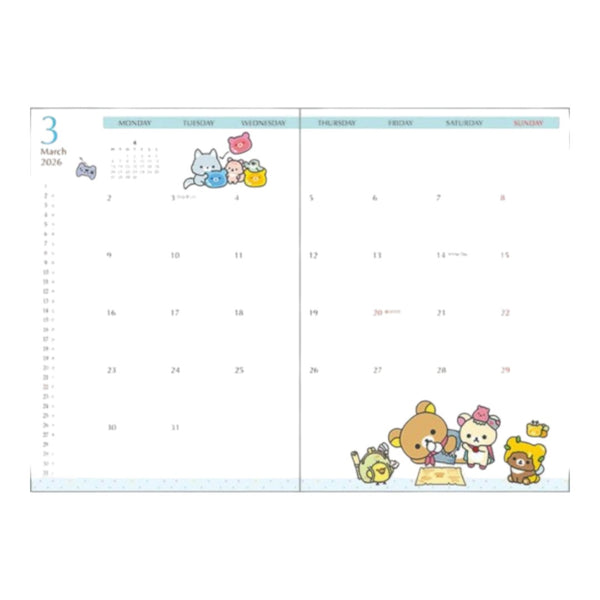 Twinkle Glory San-X Rilakkuma Always Together 2026 B6 monthly planner diary open to March page with cute illustrations