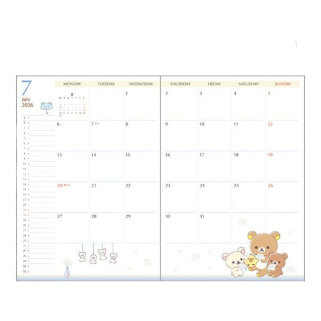 Twinkle Glory San-X Rilakkuma 2026 B6 monthly planner diary open to a July calendar page with cute character graphics