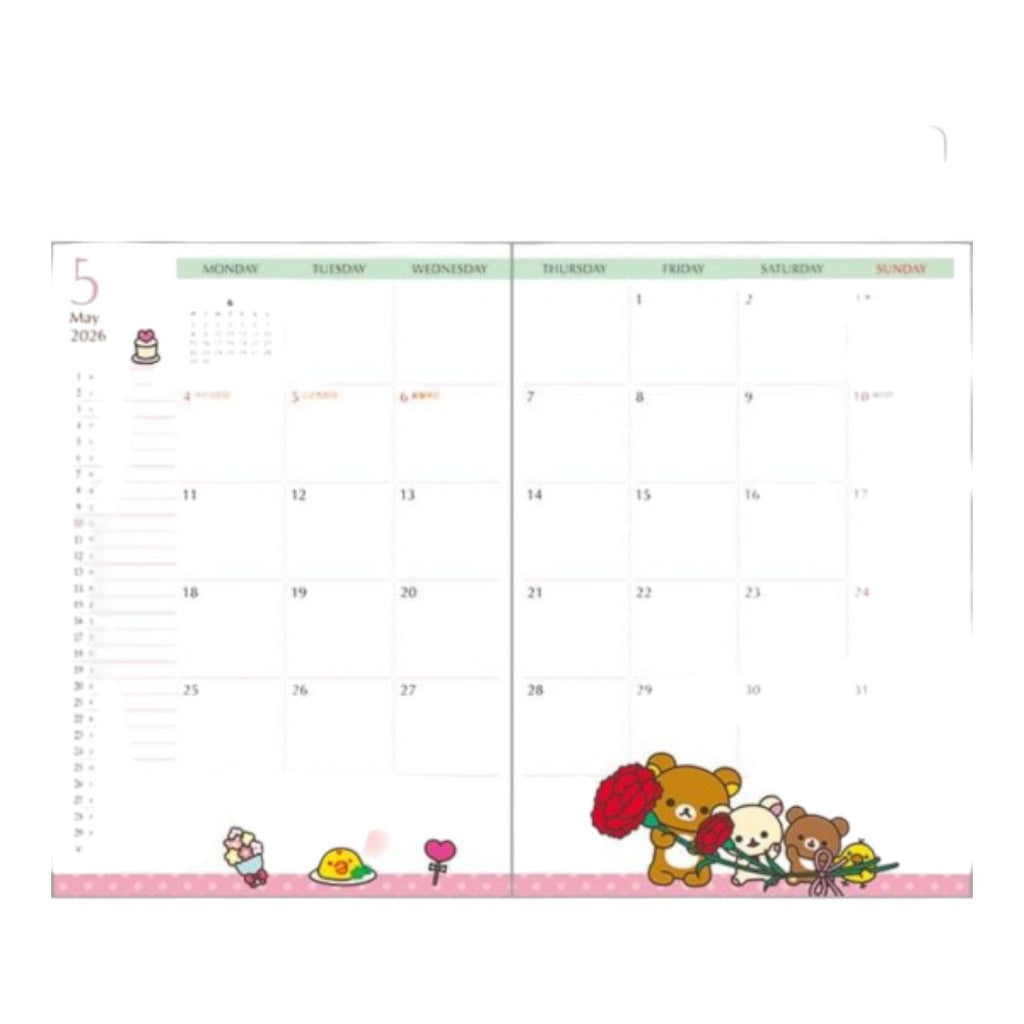 Twinkle Glory San-X Rilakkuma 2026 B6 monthly planner open to May with cute character illustrations and grid layout