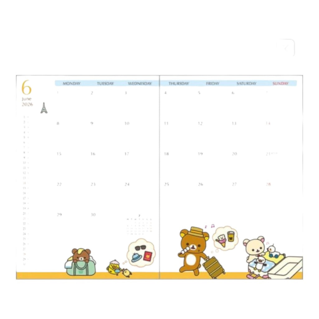 Twinkle Glory San-X Rilakkuma 2026 B6 monthly planner diary open to June page with cute character illustrations