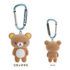 Twinkle Glory Rilakkuma carabiner keychain featuring a brown polyester bear figure with a blue metal clip