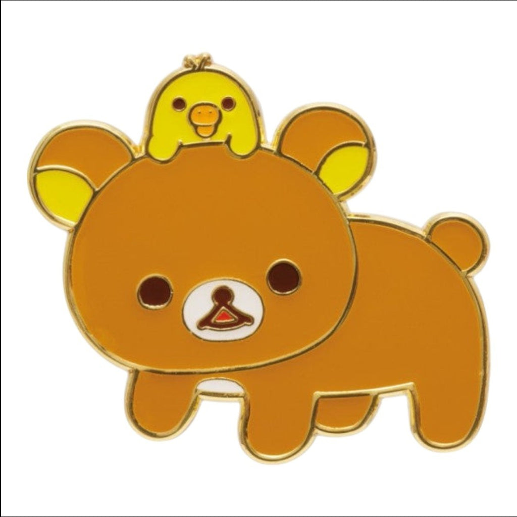 Twinkle Glory San-X Rilakkuma Chairoikoguma and Kiiroitori metal pin badge with polished gold-tone finish