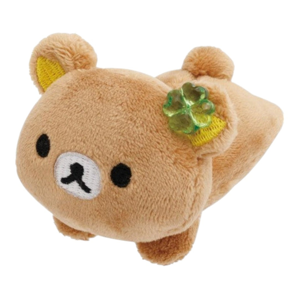 Twinkle Glory San-X Rilakkuma Chairoikoguma palm-sized plush with a green clover accessory on its ear