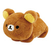 Twinkle Glory San-X Rilakkuma plush toy in a soft brown laying down pose with yellow inner ears