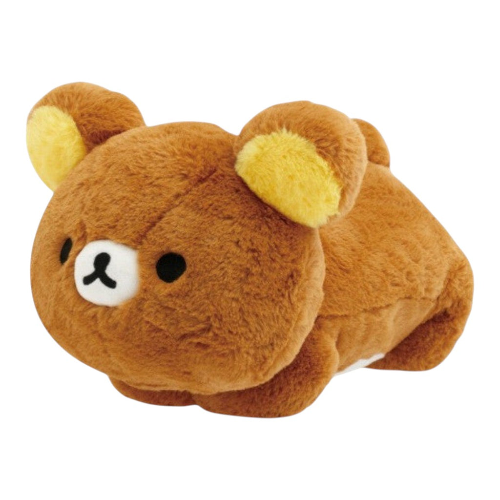 Twinkle Glory San-X Rilakkuma plush toy in a soft brown laying down pose with yellow inner ears
